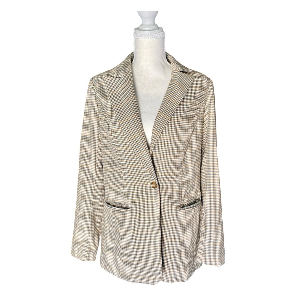 Skies Are Blue Womens Houndstooth Blazer Size Small Single Button Brown Blue NWT